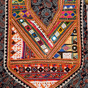 Ajrakh Vintage Kutch Patch Kurti Fabric with Hand Embroidered Kutch Patches on Cotton