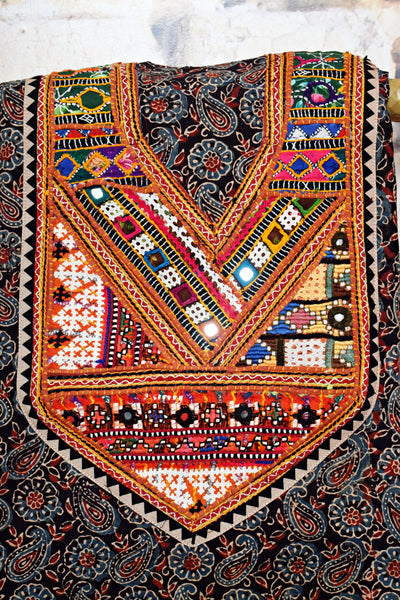 Ajrakh Vintage Kutch Patch Kurti Fabric with Hand Embroidered Kutch Patches on Cotton