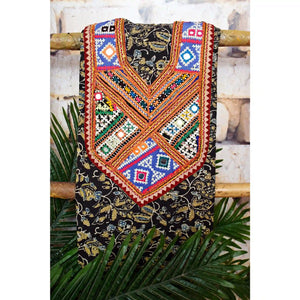 Ajrakh Vintage Kutch Patch Kurti Fabric with Hand Embroidered Kutch Patches on Cotton