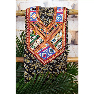 Ajrakh Vintage Kutch Patch Kurti Fabric with Hand Embroidered Kutch Patches on Cotton
