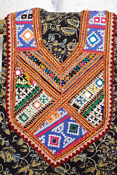 Ajrakh Vintage Kutch Patch Kurti Fabric with Hand Embroidered Kutch Patches on Cotton