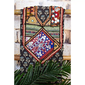 Ajrakh Vintage Kutch Patch Kurti Fabric with Hand Embroidered Kutch Patches on Cotton