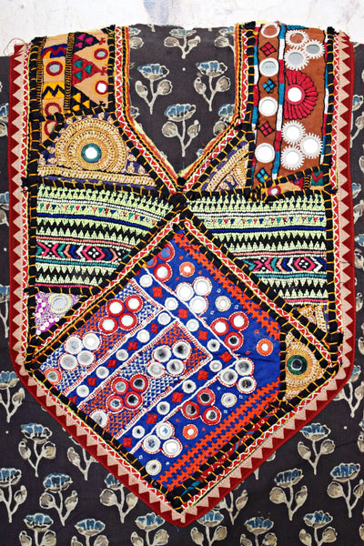 Ajrakh Vintage Kutch Patch Kurti Fabric with Hand Embroidered Kutch Patches on Cotton