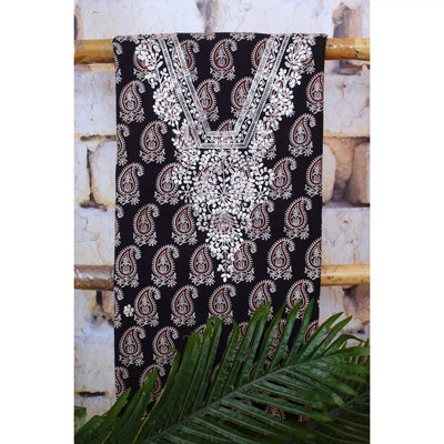 Black Ajrakh Double Block Pittan Work Kurti Fabric