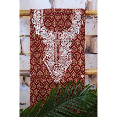 Madder Ajrakh Double Block Pittan Work Kurti Fabric