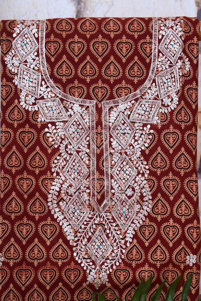 Madder Ajrakh Double Block Pittan Work Kurti Fabric