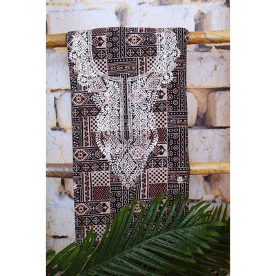 Black Ajrakh Double Block Pittan Work Kurti Fabric