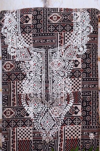 Black Ajrakh Double Block Pittan Work Kurti Fabric