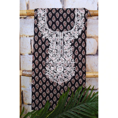 Black Ajrakh Double Block Pittan Work Kurti Fabric