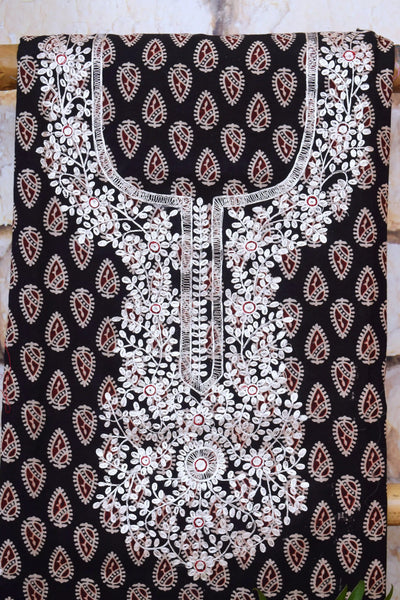 Black Ajrakh Double Block Pittan Work Kurti Fabric