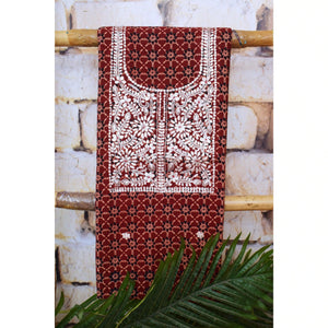 Madder Ajrakh Double Block Pittan Work Kurti Fabric