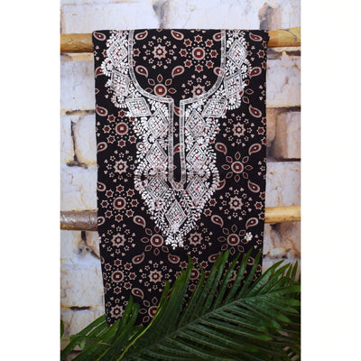 Black Ajrakh Double Block Pittan Work Kurti Fabric
