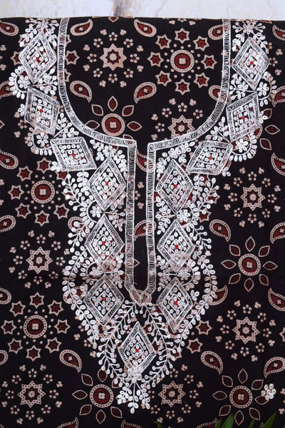 Black Ajrakh Double Block Pittan Work Kurti Fabric