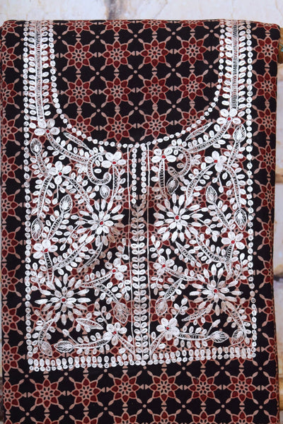 Black Ajrakh Double Block Pittan Work Kurti Fabric