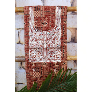 Madder Ajrakh Double Block Pittan Work Kurti Fabric