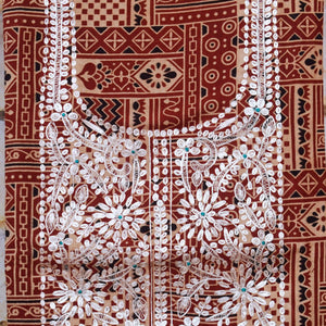 Madder Ajrakh Double Block Pittan Work Kurti Fabric