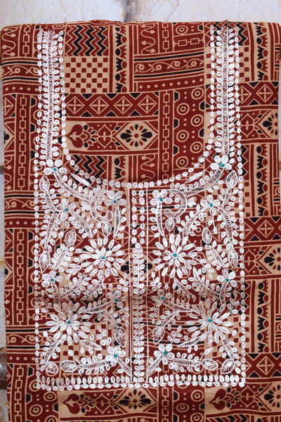 Madder Ajrakh Double Block Pittan Work Kurti Fabric