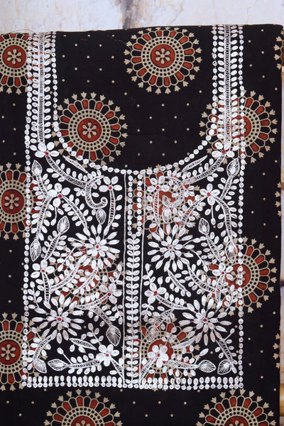 Black Ajrakh Double Block Pittan Work Kurti Fabric