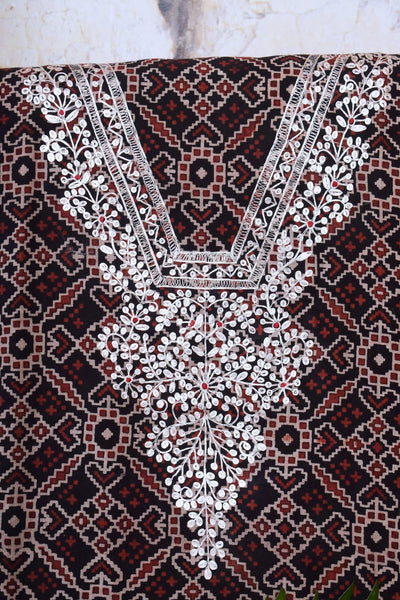Black Ajrakh Double Block Pittan Work Kurti Fabric