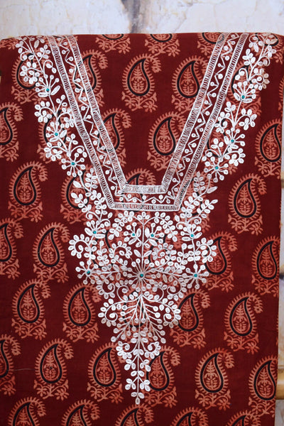 Madder Ajrakh Double Block Pittan Work Kurti Fabric