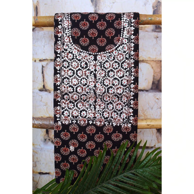 Black Ajrakh Double Block Pittan Work Kurti Fabric