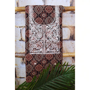 Black Ajrakh Double Block Pittan Work Kurti Fabric