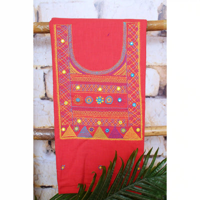 Carrot Red Lambani Hand Embroidered  Cotton Kurti