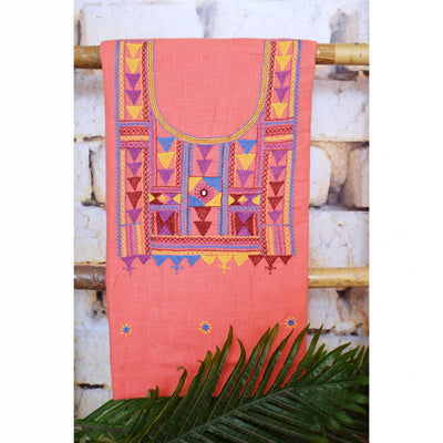 Peach Lambani Hand Embroidered  Cotton Kurti
