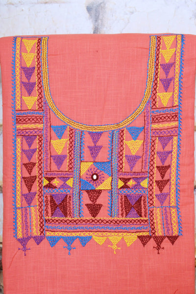 Peach Lambani Hand Embroidered  Cotton Kurti