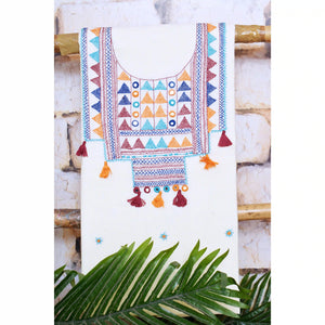Cream Lambani Hand Embroidered Cotton Kurti Fabric