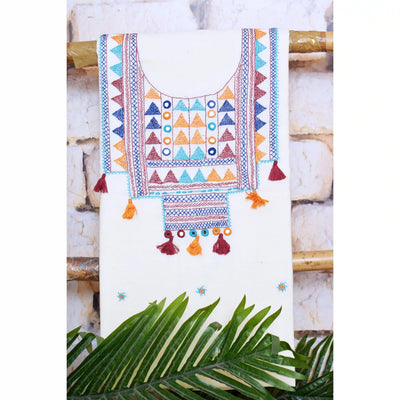 Cream Lambani Hand Embroidered  Cotton Kurti