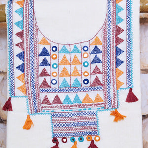 Cream Lambani Hand Embroidered Cotton Kurti Fabric