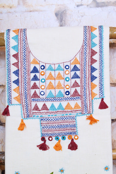 Cream Lambani Hand Embroidered  Cotton Kurti