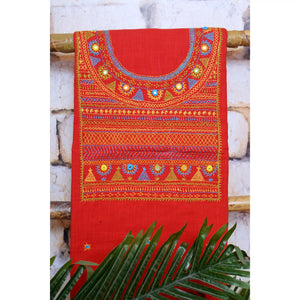 Carrot Red Lambani Hand Embroidered Cotton Kurti Fabric