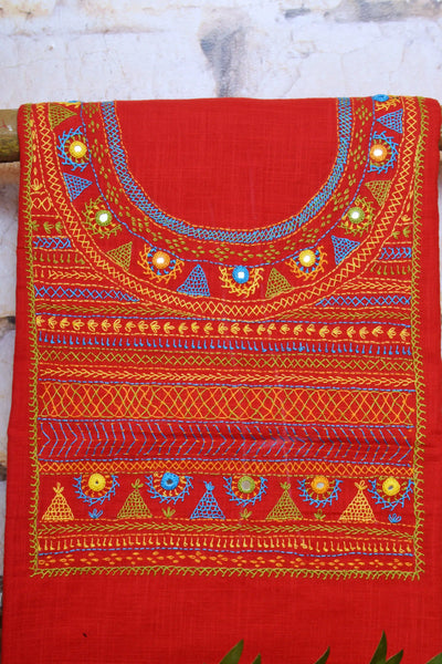 Carrot Red Lambani Hand Embroidered  Cotton Kurti