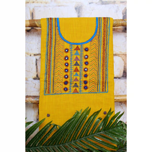 Yellow Lambani Hand Embroidered Cotton Unstitched Kurti Fabric