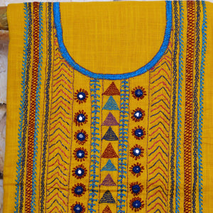 Yellow Lambani Hand Embroidered Cotton Unstitched Kurti Fabric