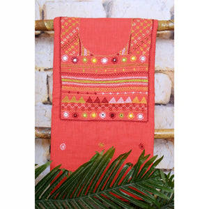 Carrot Red Lambani Hand Embroidered Cotton Unstitched Kurti Fabric