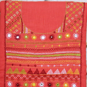 Carrot Red Lambani Hand Embroidered Cotton Unstitched Kurti Fabric