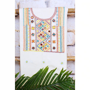 Cream Lambani Hand Embroidered  Cotton Kurti