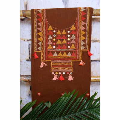 Brown Lambani Hand Embroidered  Cotton Kurti