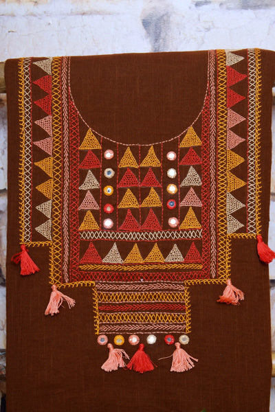 Brown Lambani Hand Embroidered  Cotton Kurti