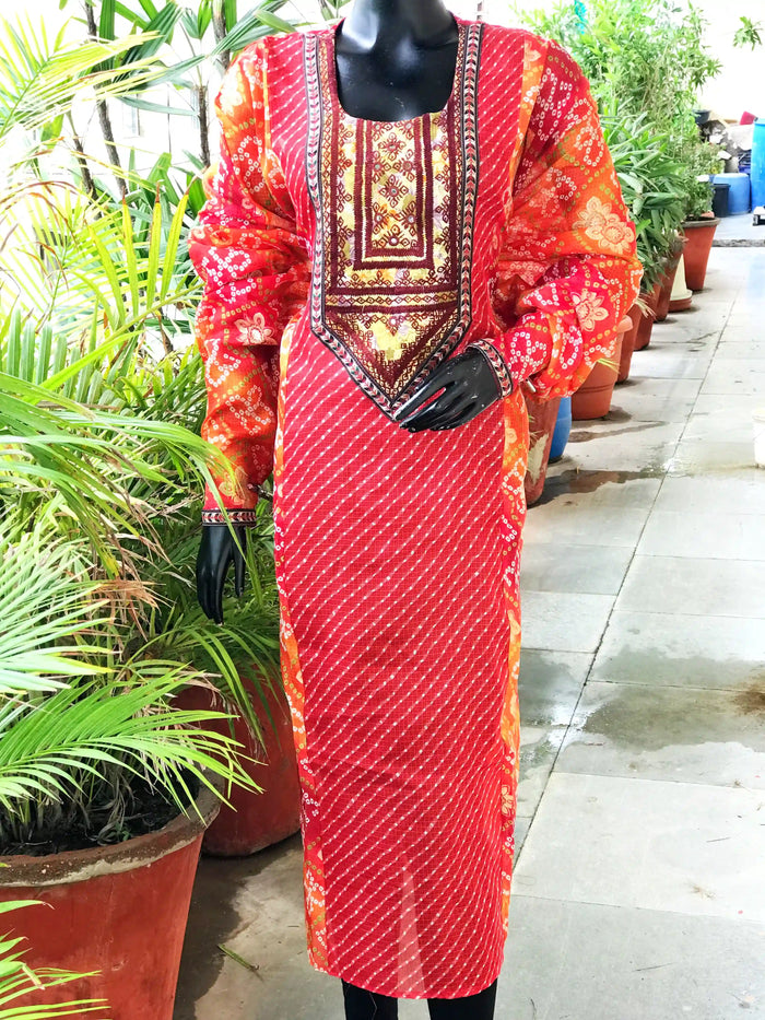 Orange Designer Leheriya Kurti with Kutch Patch