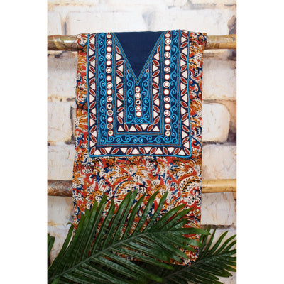 Multicolour Kalamkari cotton kurti fabric with navy blue hand embroidered geometric neckline