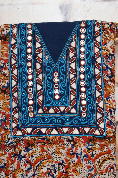 Multicolour with Navy Blue Kalamkari Cotton Hand Embroidered Kurti Fabric – Geometric – embroidery close-up – alternate view