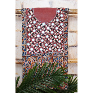 Multicolour with Dusty Rose Kalamkari Cotton Hand Embroidered Kurti Fabric – Leaf Lattice – full fabric view