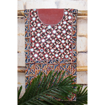 Multicolour with Dusty Rose Kalamkari Cotton Hand Embroidered Kurti Fabric – Leaf Lattice – full fabric view