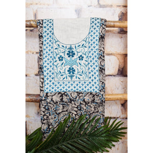 Black and Cream with Blue Kalamkari Cotton Hand Embroidered Kurti Fabric – Floral – full fabric view