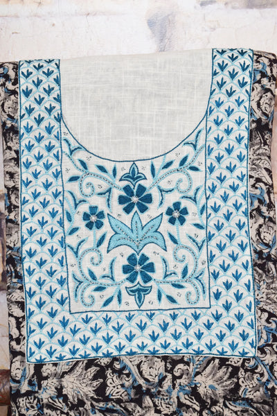 Black and Cream with Blue Kalamkari Cotton Hand Embroidered Kurti Fabric – Floral – embroidery close-up – alternate view