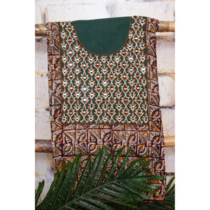 Multicolour with Bottle Green Kalamkari Cotton Hand Embroidered Kurti Fabric – Leaf Mirror Work – full fabric view